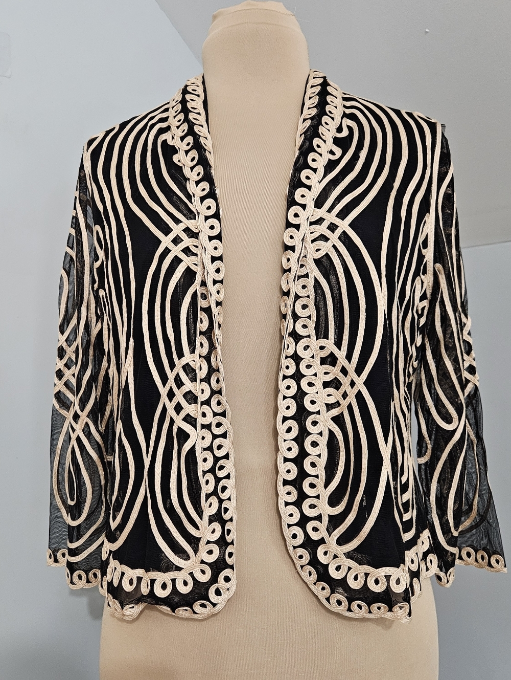 Weavz Black Sheer Mesh Embroidered Jacket Open Front Size Large Vintage Cardigan